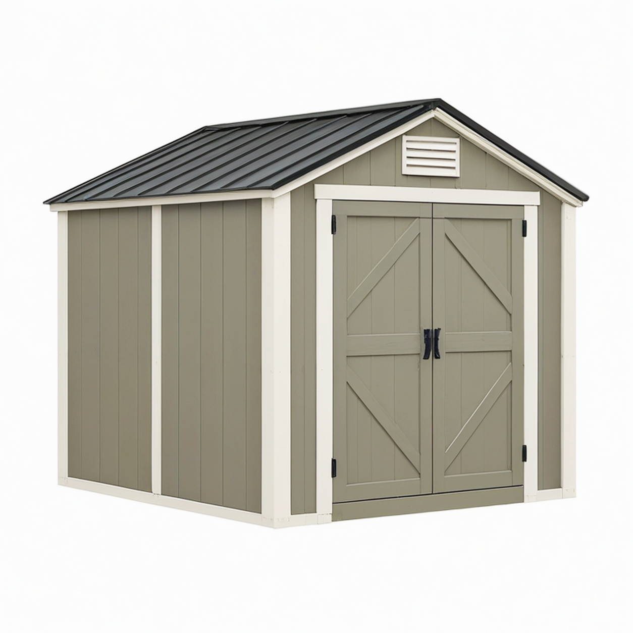 Abri de jardin 213 x 191 x 216 cm en résine vert sauge avec double porte et toit incliné