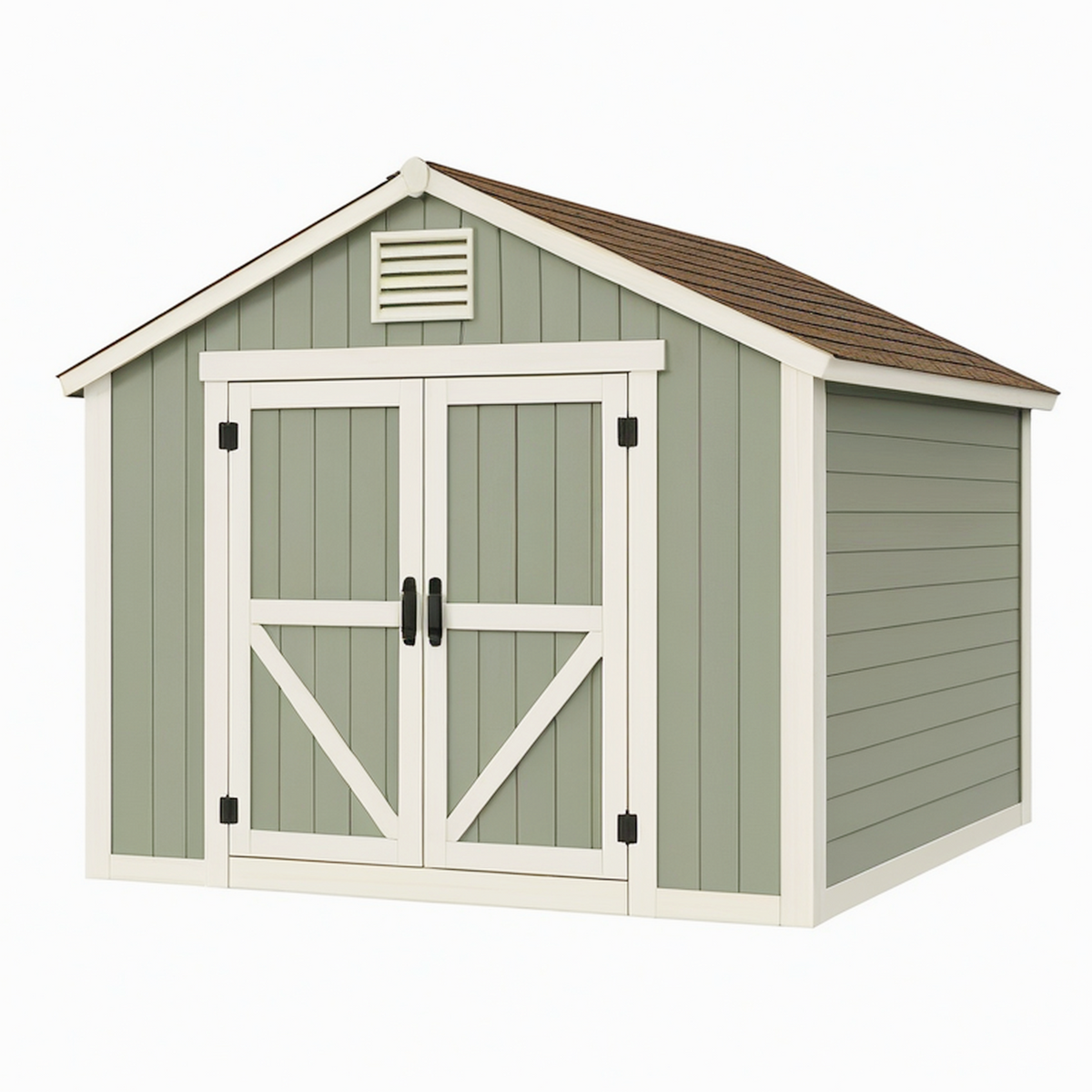 Abri de jardin 244 x 183 x 213 cm en résine vert sauge et blanc avec double porte style chalet