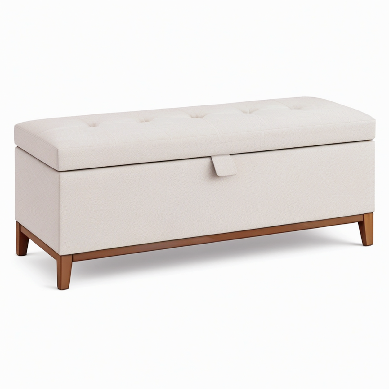 Banc coffre de rangement 120 x 45 x 50 cm en tissu beige pieds en bois capitonné