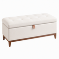 Banc coffre de rangement 120 cm en tissu bouclette écru avec pieds en bois style contemporain