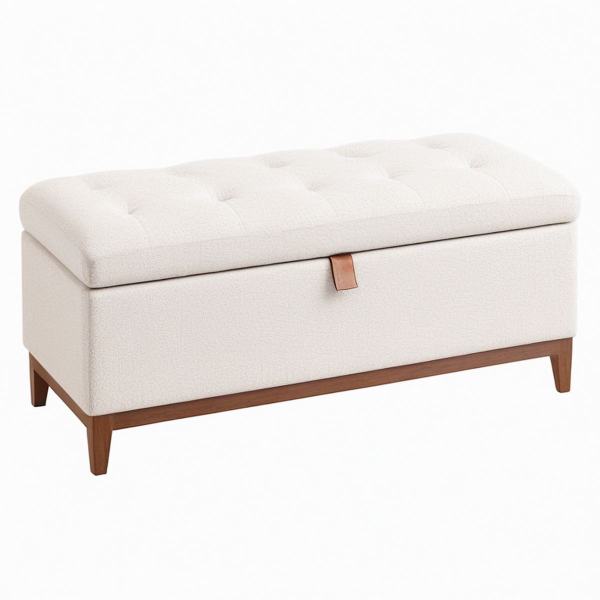 Banc coffre de rangement 120 cm en tissu bouclette écru avec pieds en bois style contemporain