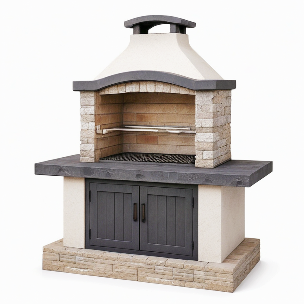 Barbecue de jardin 120 x 70 x 200 cm en pierre beige et noir avec hotte et rangement