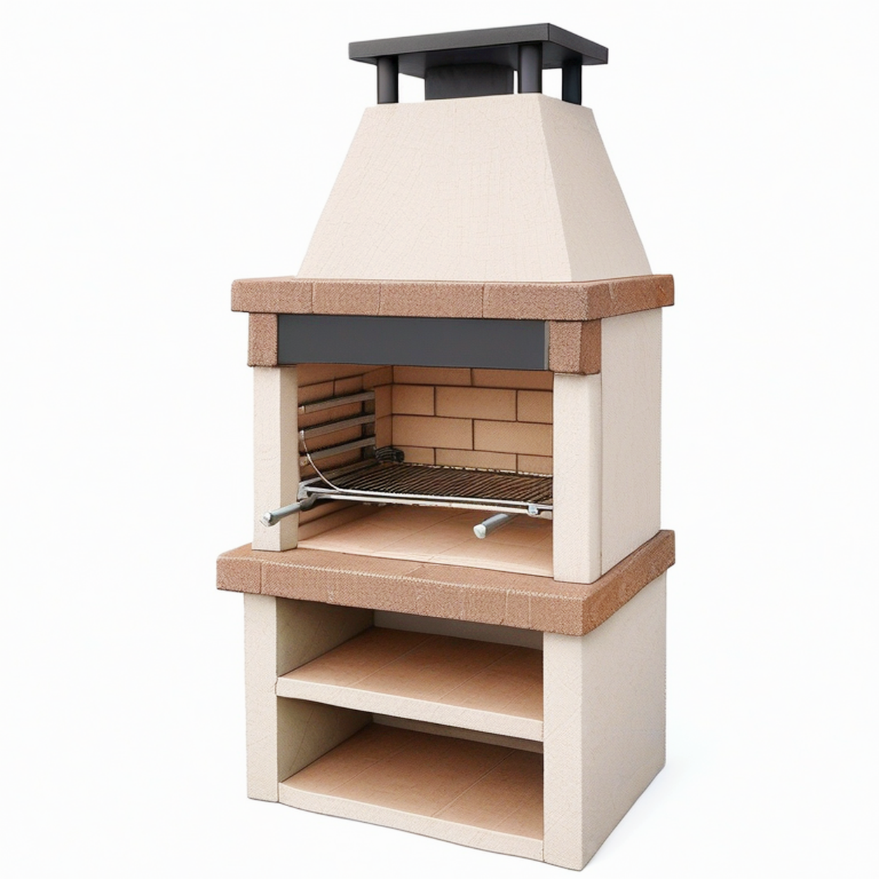 Barbecue de jardin fixe 100 x 70 x 220 cm en béton réfractaire beige et brun avec grille réglable