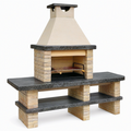 Barbecue de jardin 200 x 70 x 215 cm en pierre beige et granit noir avec plan de travail et gril réglable