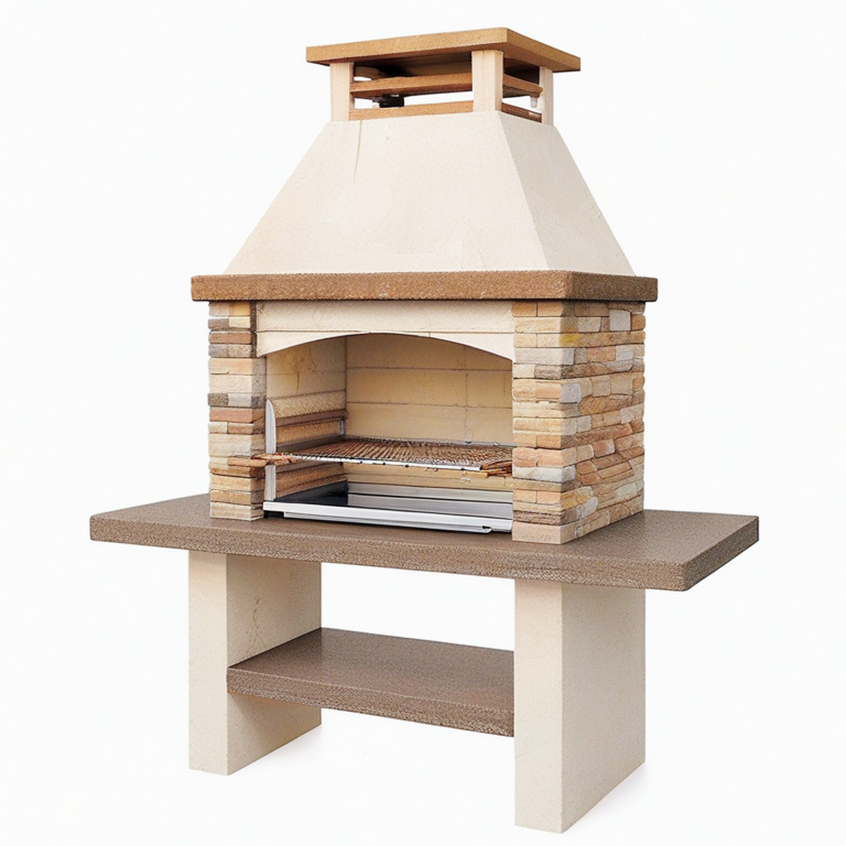 Barbecue fixe de jardin 140 x 80 x 220 cm en pierre beige avec grille en acier style rustique