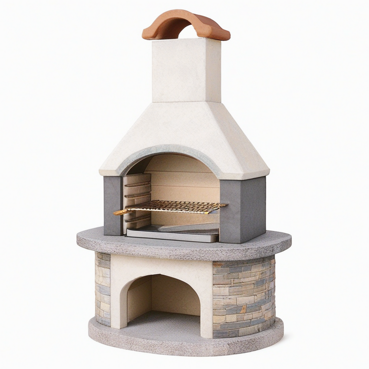 Barbecue de jardin en pierre 120 x 220 cm beige gris avec foyer ouvert rustique