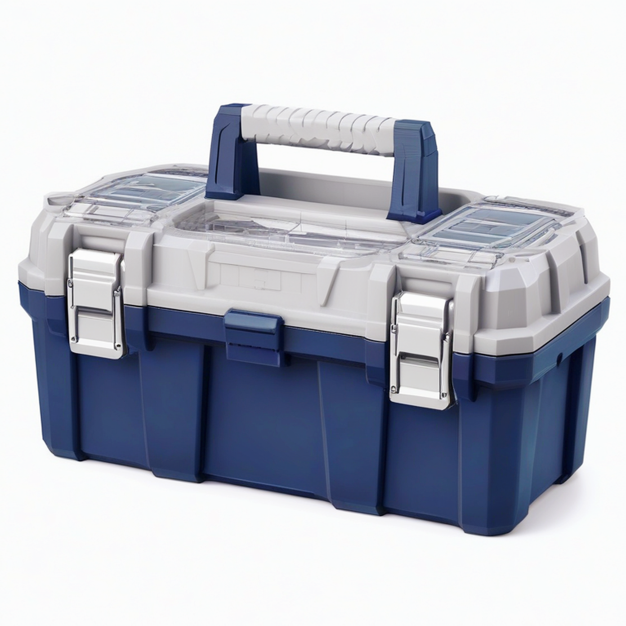 Boîte à outils 55 cm en plastique bleu et gris avec poignée et compartiments transparents