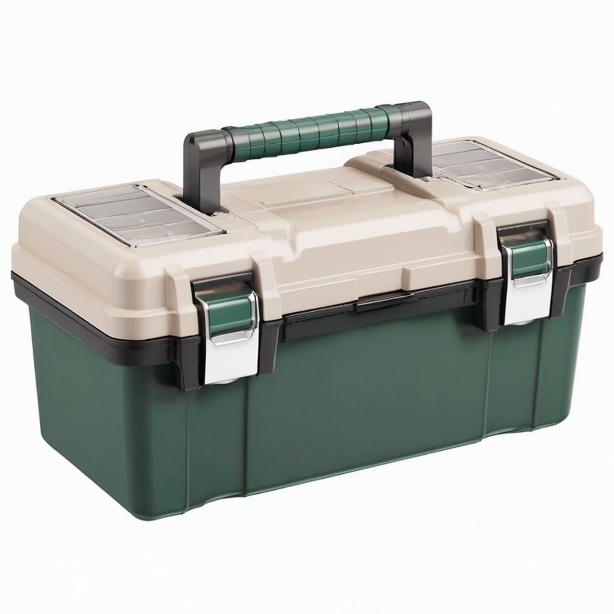 Boîte à outils 48 cm en plastique vert beige avec poignée et compartiments de rangement