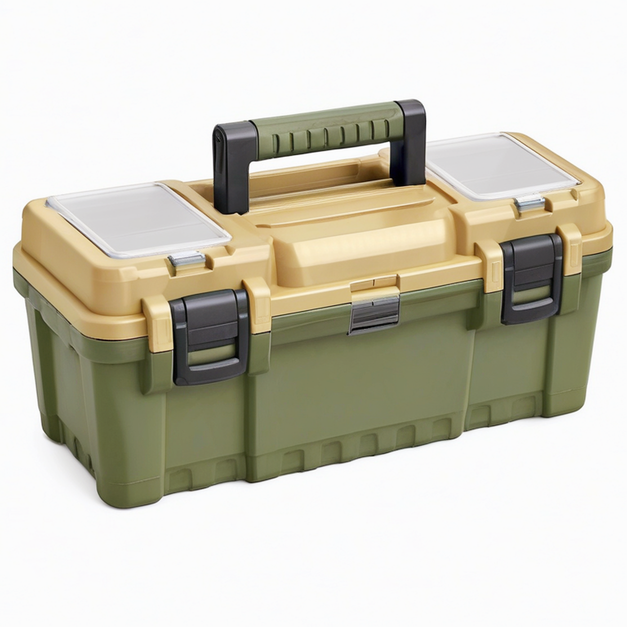 Boîte à outils 50 x 25 x 25 cm en plastique vert kaki et beige avec organiseurs portables