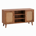Buffet 120 x 40 x 75 cm en panneaux effet bois marron avec cannage naturel style rétro rangement salon