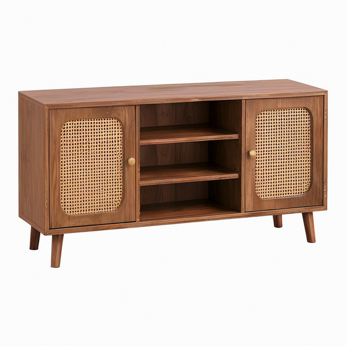 Buffet 120 x 40 x 75 cm en panneaux effet bois marron avec cannage naturel style rétro rangement salon