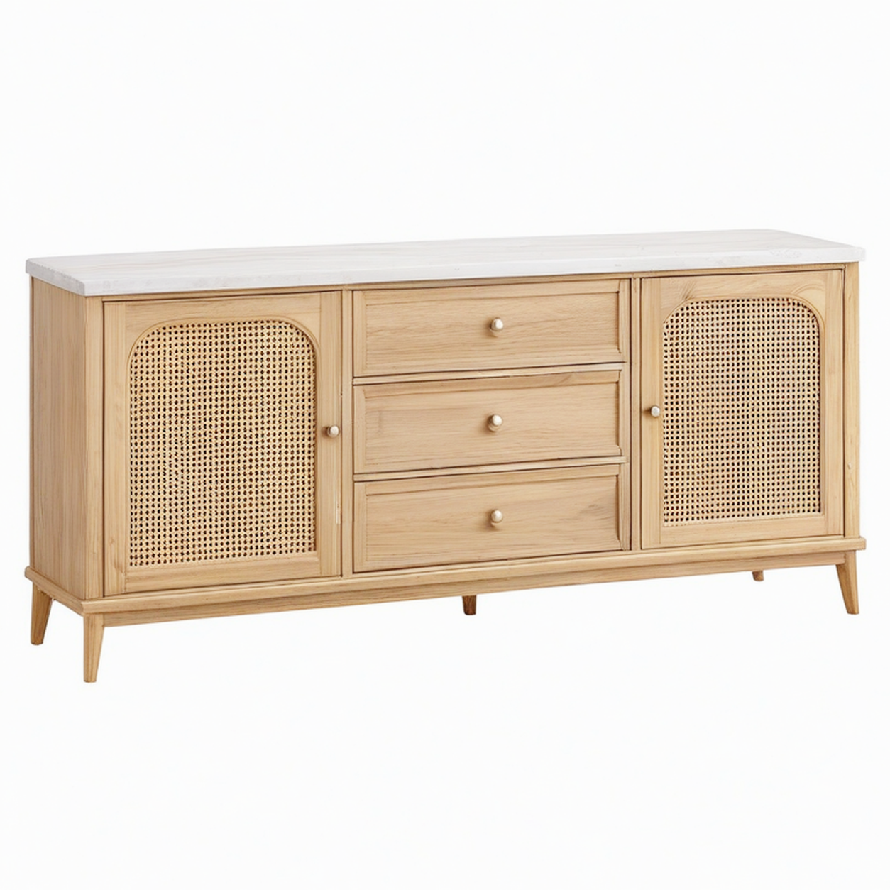 Buffet 180 x 45 x 85 cm en bois naturel avec cannage et plateau effet marbre