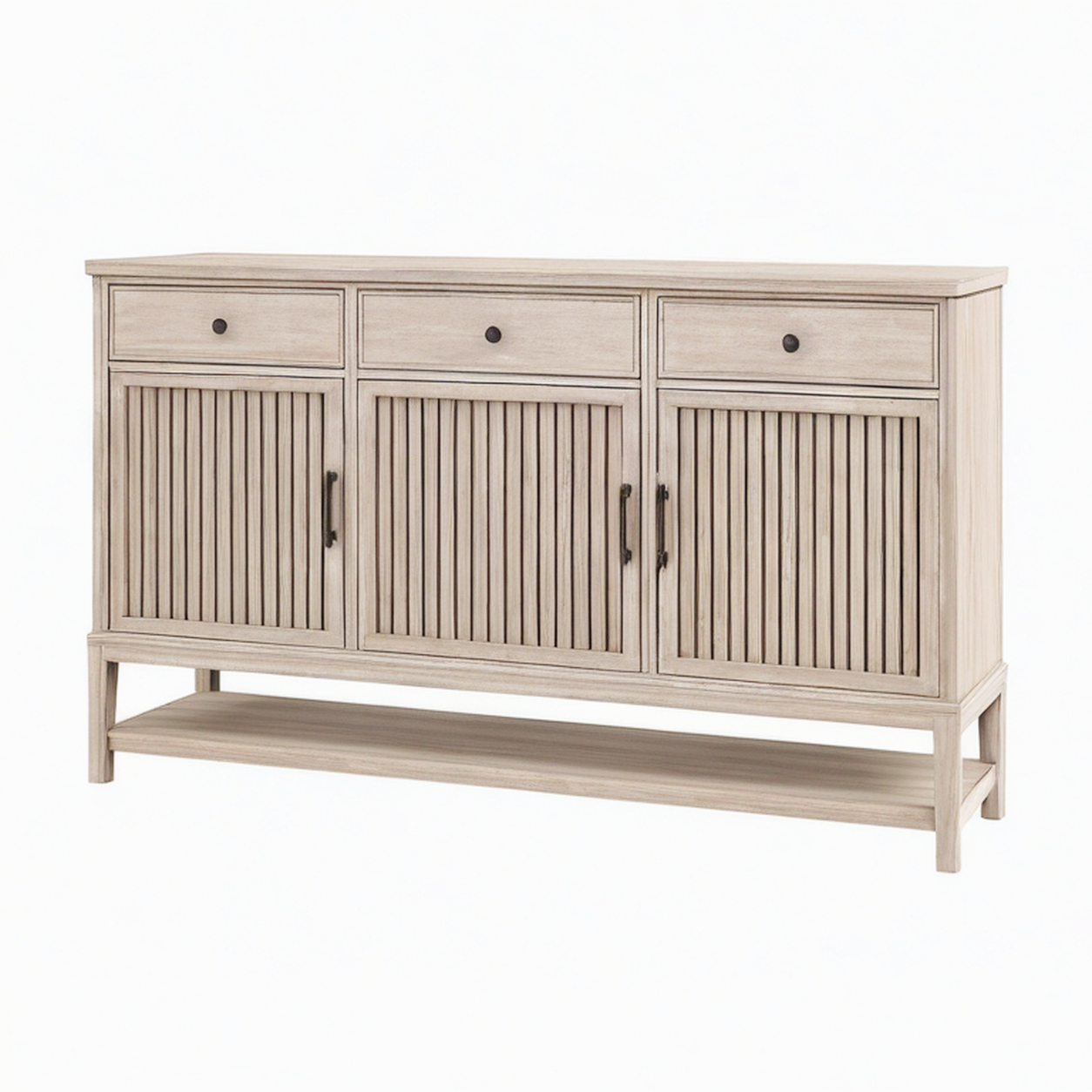 Buffet 150 cm en bois beige avec 3 portes et 3 tiroirs style naturel