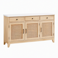 Buffet 160 x 45 x 90 cm en bois naturel et cannage avec plateau blanc style contemporain