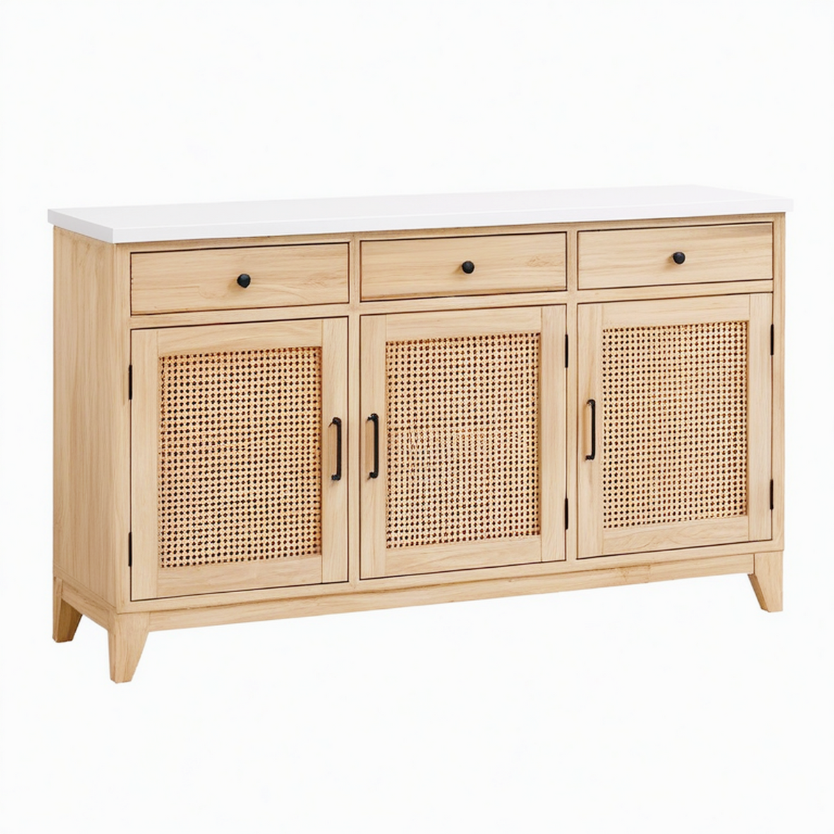 Buffet 160 x 45 x 90 cm en bois naturel et cannage avec plateau blanc style contemporain