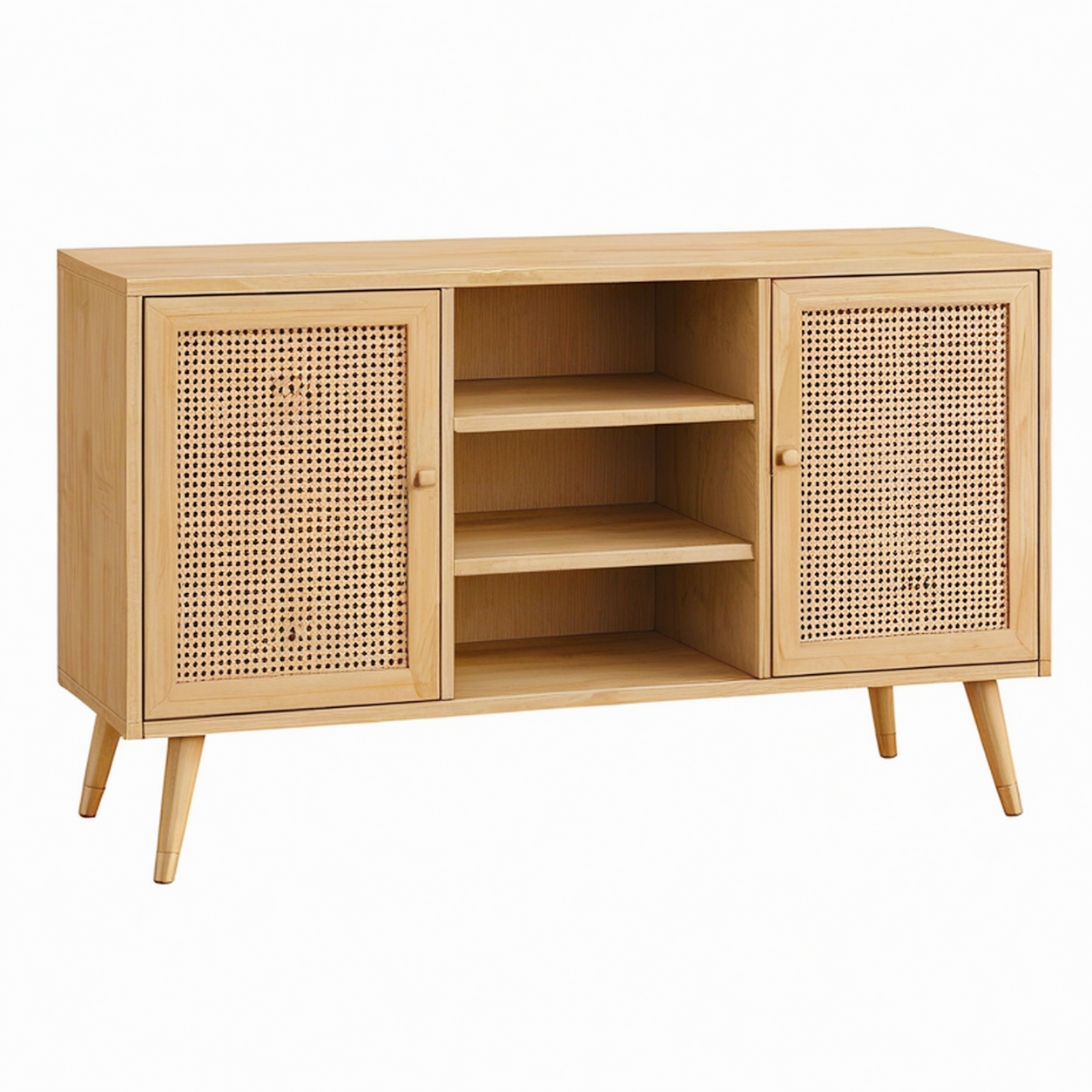 Buffet 140 x 40 x 85 cm en bois naturel et cannage - rangement style rétro
