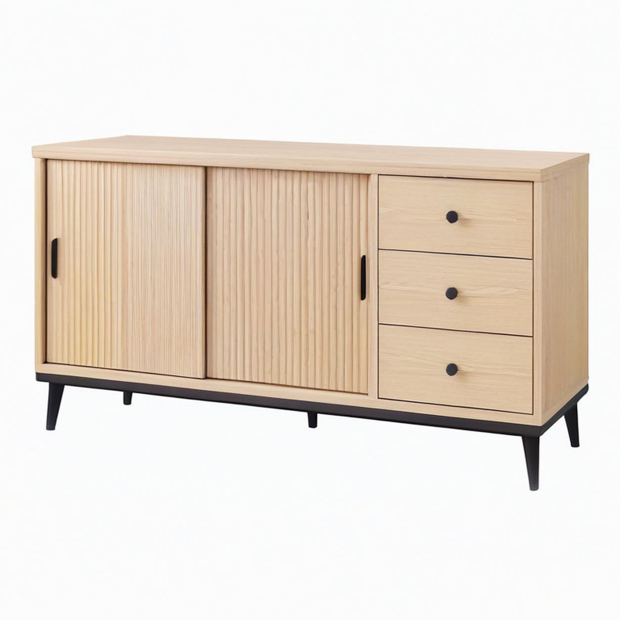 Buffet 160 x 40 x 85 cm en bois chêne clair avec portes coulissantes et tiroirs style contemporain