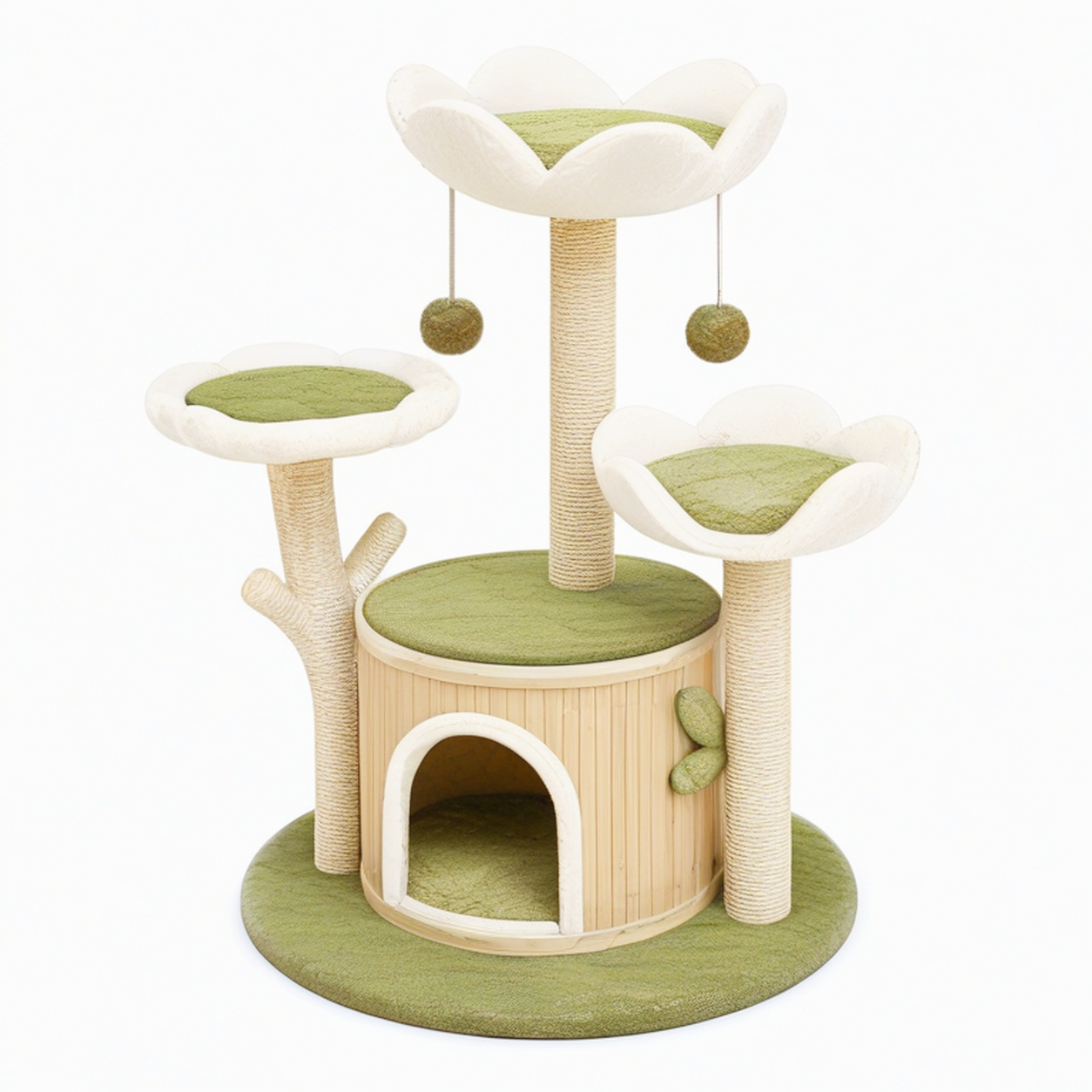 Arbre à chat 60 x 120 cm en sisal vert et blanc avec niches et plateformes florales