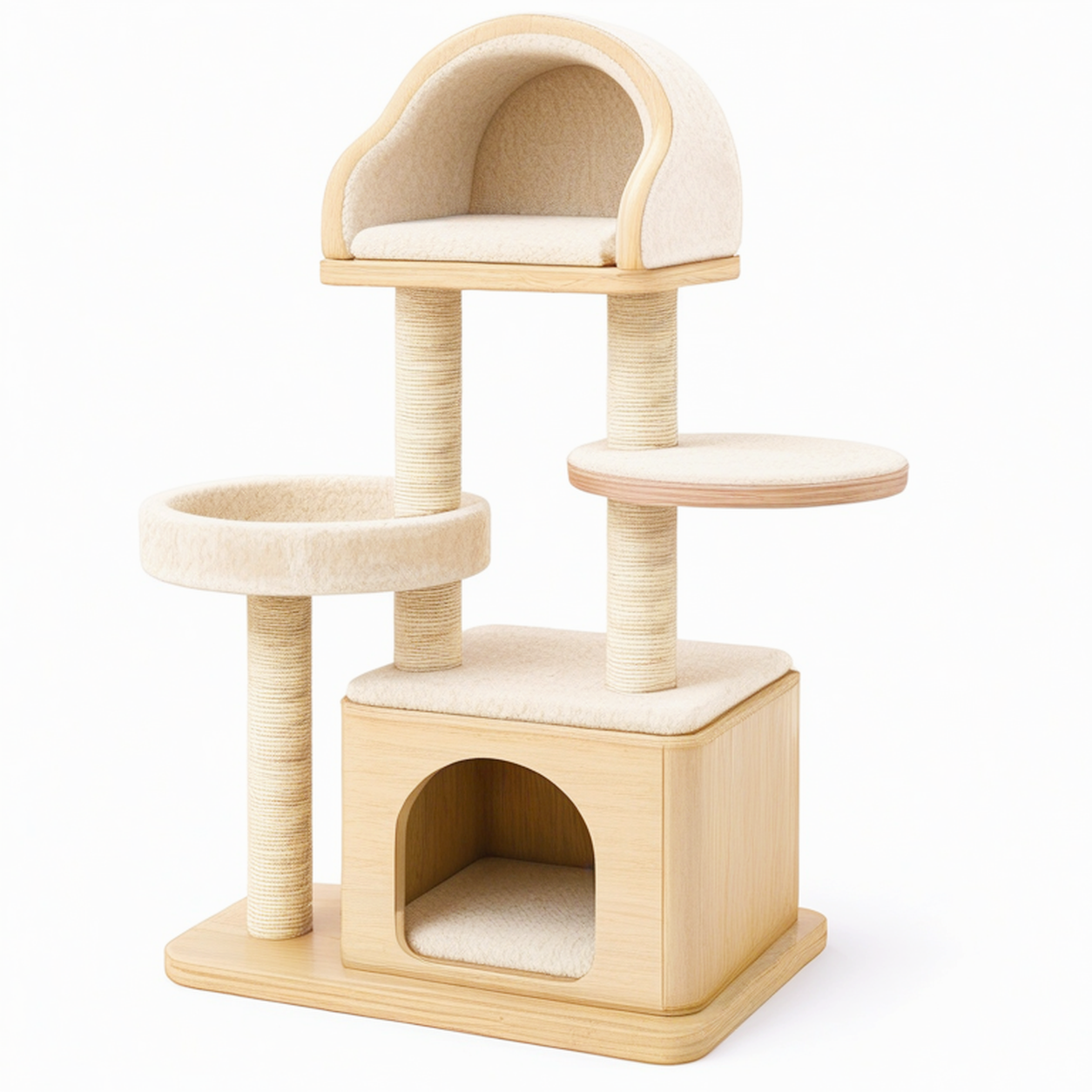 Arbre à chat 60 x 60 x 140 cm en bois beige avec poteaux en sisal et niches