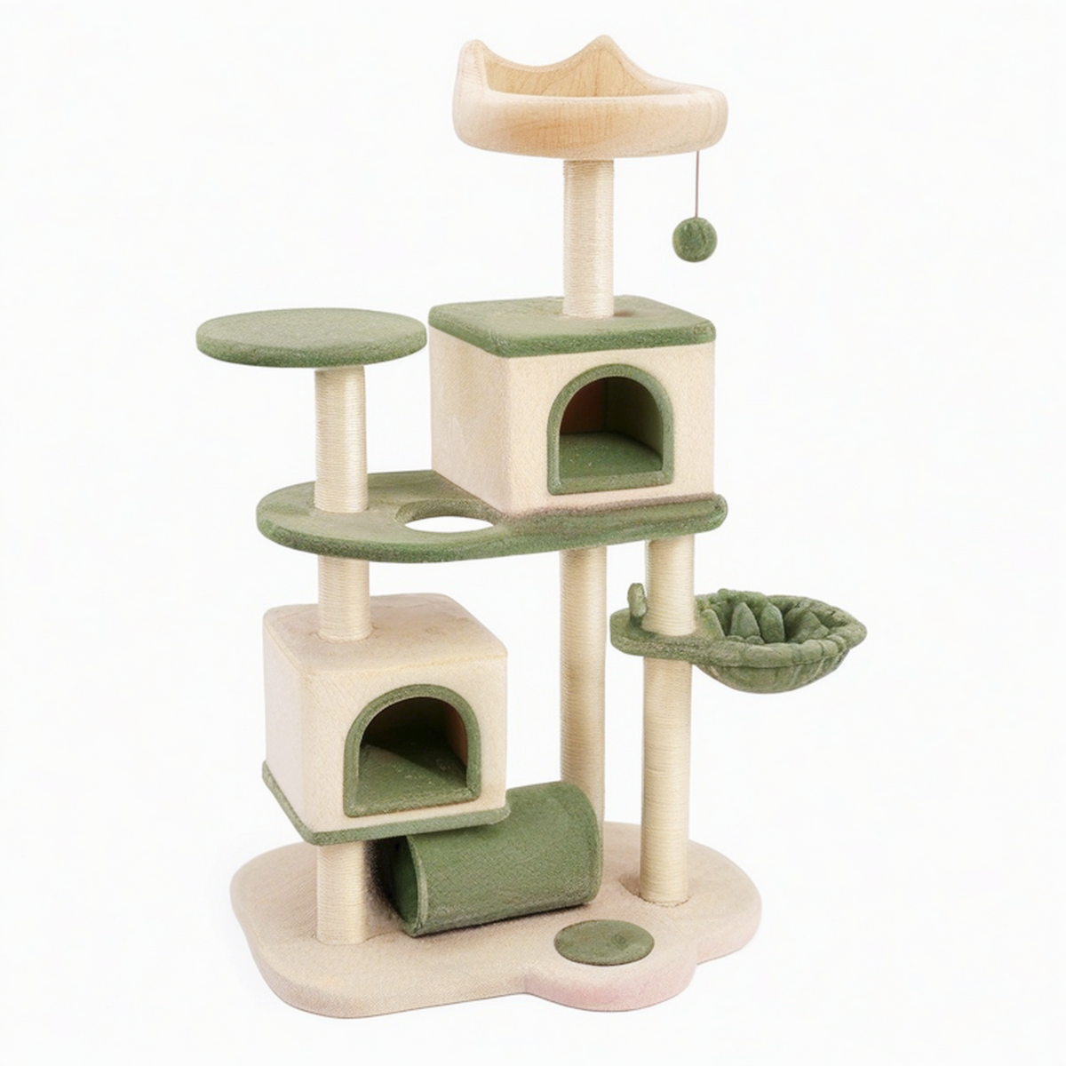 Arbre à chat 60 x 50 x 145 cm en peluche beige et vert avec griffoirs et niches