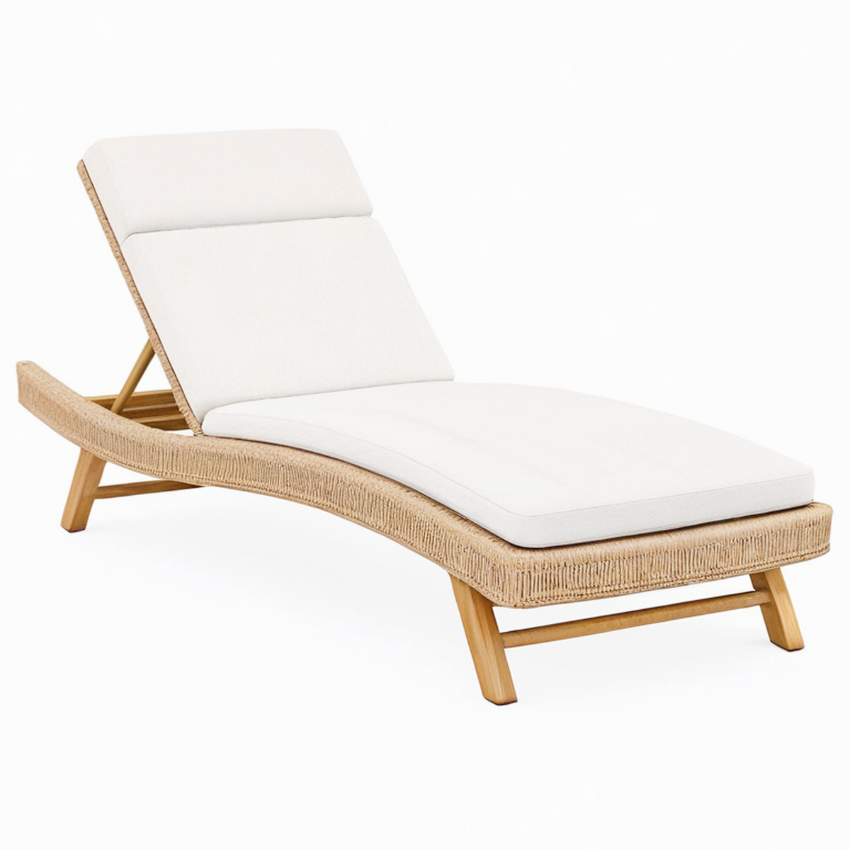 Chaise longue de jardin 200 x 70 cm en bois et corde tressée beige avec dossier réglable