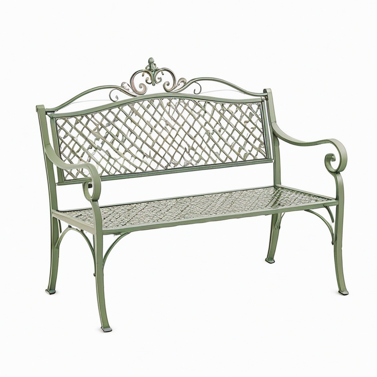 Banc de jardin 125 x 65 x 100 cm en métal vert style romantique avec accoudoirs