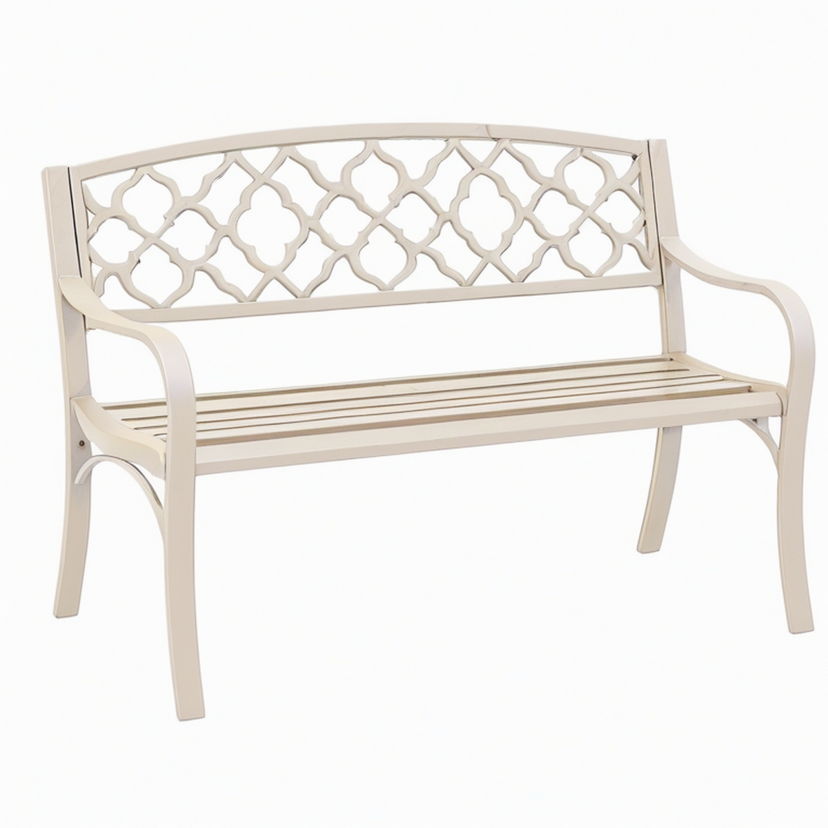 Banc de jardin 122 cm en acier beige avec dossier ajouré pour extérieur